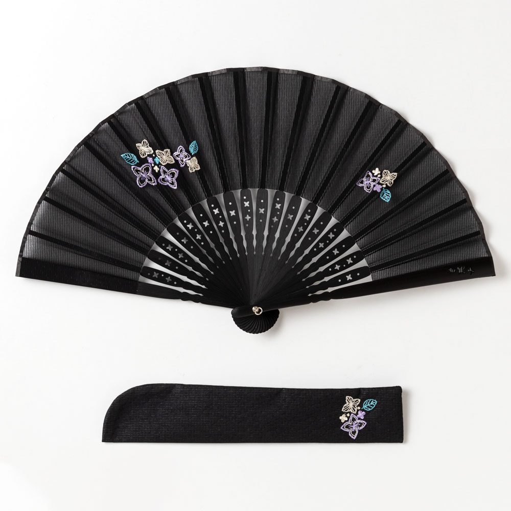花刺繍扇子セット2020 紫陽花 刺繍入り布貼り扇子 扇子袋付き 女性向け スーベニール Sensu fan