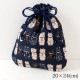 笑福猫のねこづくし巾着袋　紺　Lucky cat pattern drawstring bag