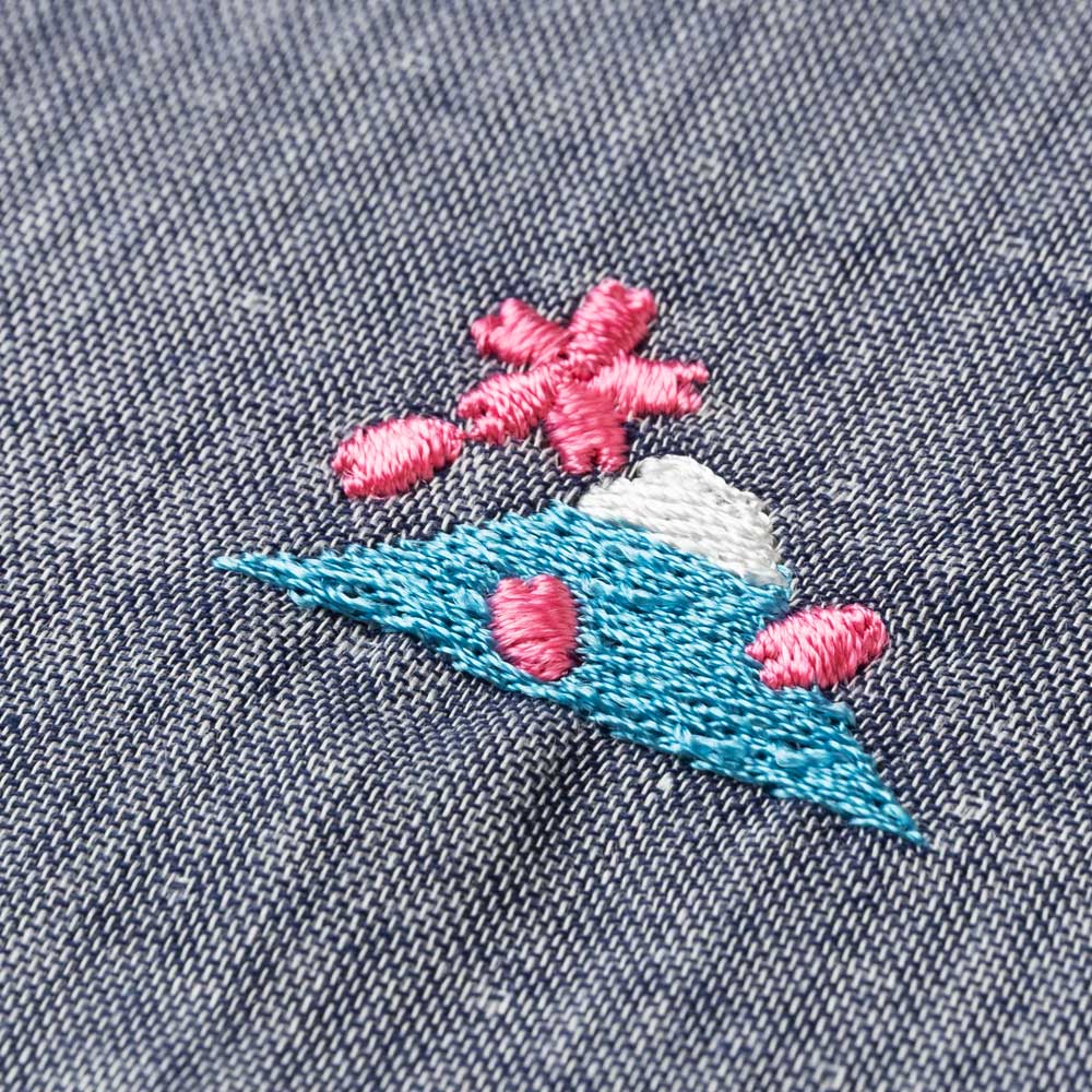 スーベニール 富士山ハンカチ 桜（ストライプ・ネイビーグレー） 刺繍