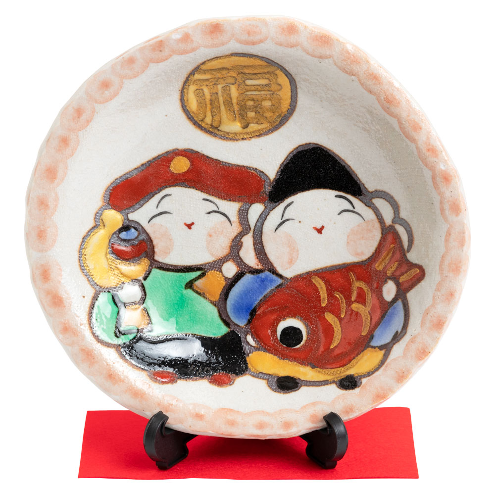 値下げしました☆【作家もの】【美品】絵付け大皿　鯛　めでたい！ 蔵珍窯/めでたい銘々皿 -【当店限定】おめでたい金銀の鯛をあしらった