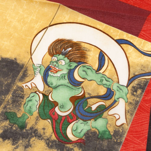 綿ハンカチ 風神雷神 アカ 47.5×47.5cm Fujin & Raijin Handkerchief