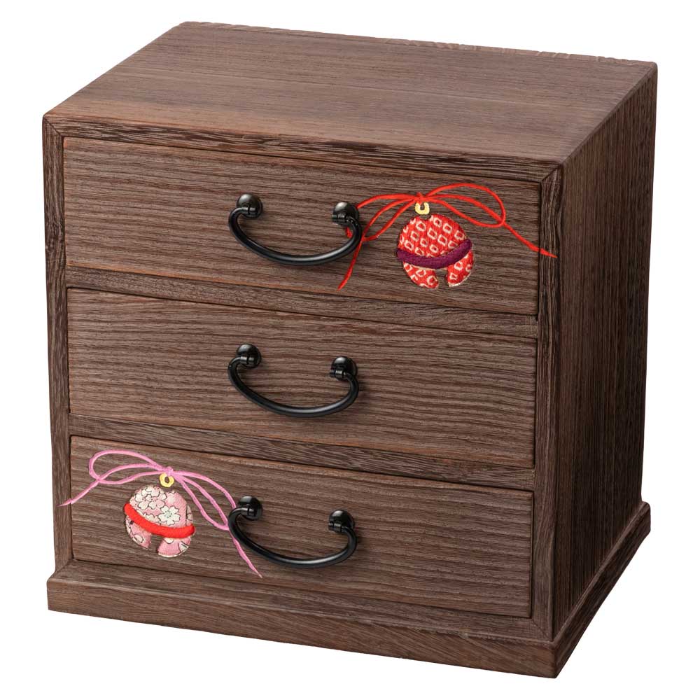 桐の収納家具 輝き三つ引き出し 鈴007 箱長の桐工芸品 Storage furniture of Paulownia Drawer chest Hakocho
