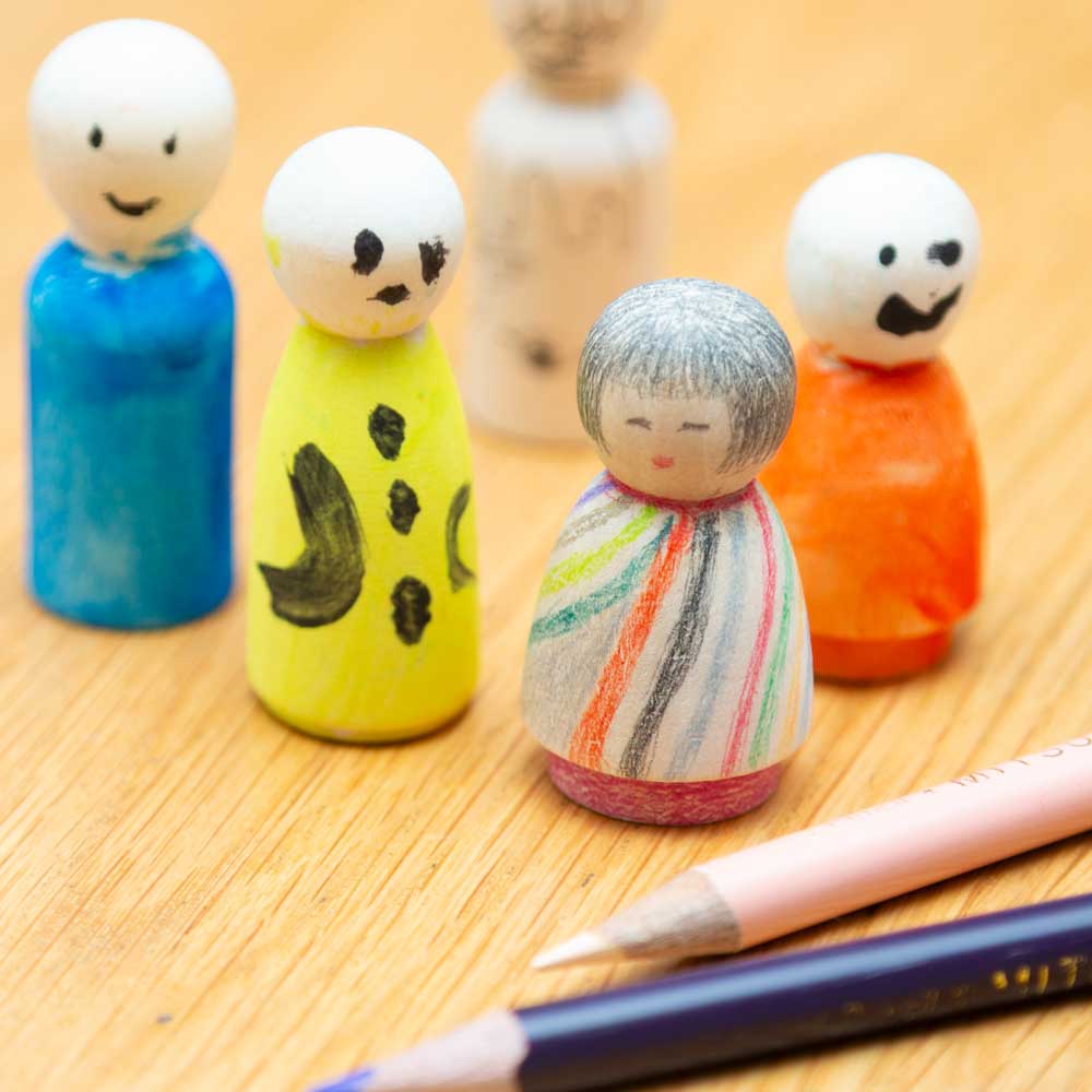 工作色塗り 木製人形〈子ども・こけし・5個セット〉高さ5.3cm｜白木に