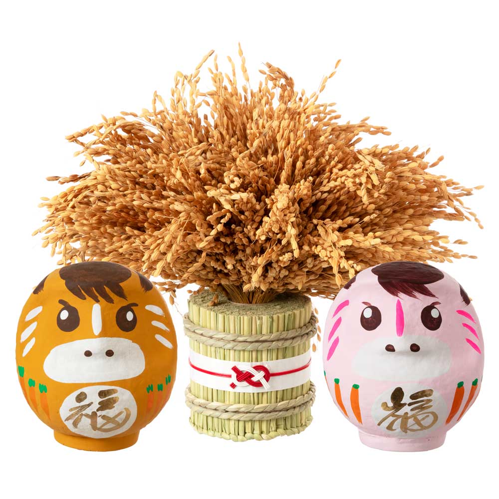 高崎だるま 2026年干支だるま午 瑞竹 稲穂門松付きペアセット 茶+桃 令和8年 馬 うま 招福万来の正月飾り 縁起物 置物 インテリア 群馬県指定ふるさと伝統工芸品