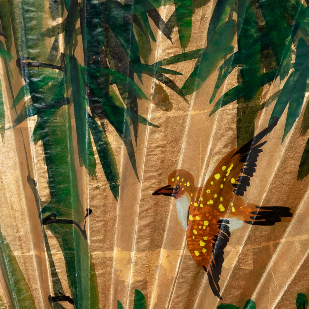 金の巨大扇子 竹雀 125×76cm インテリア・コスプレグッズに ハロウィン