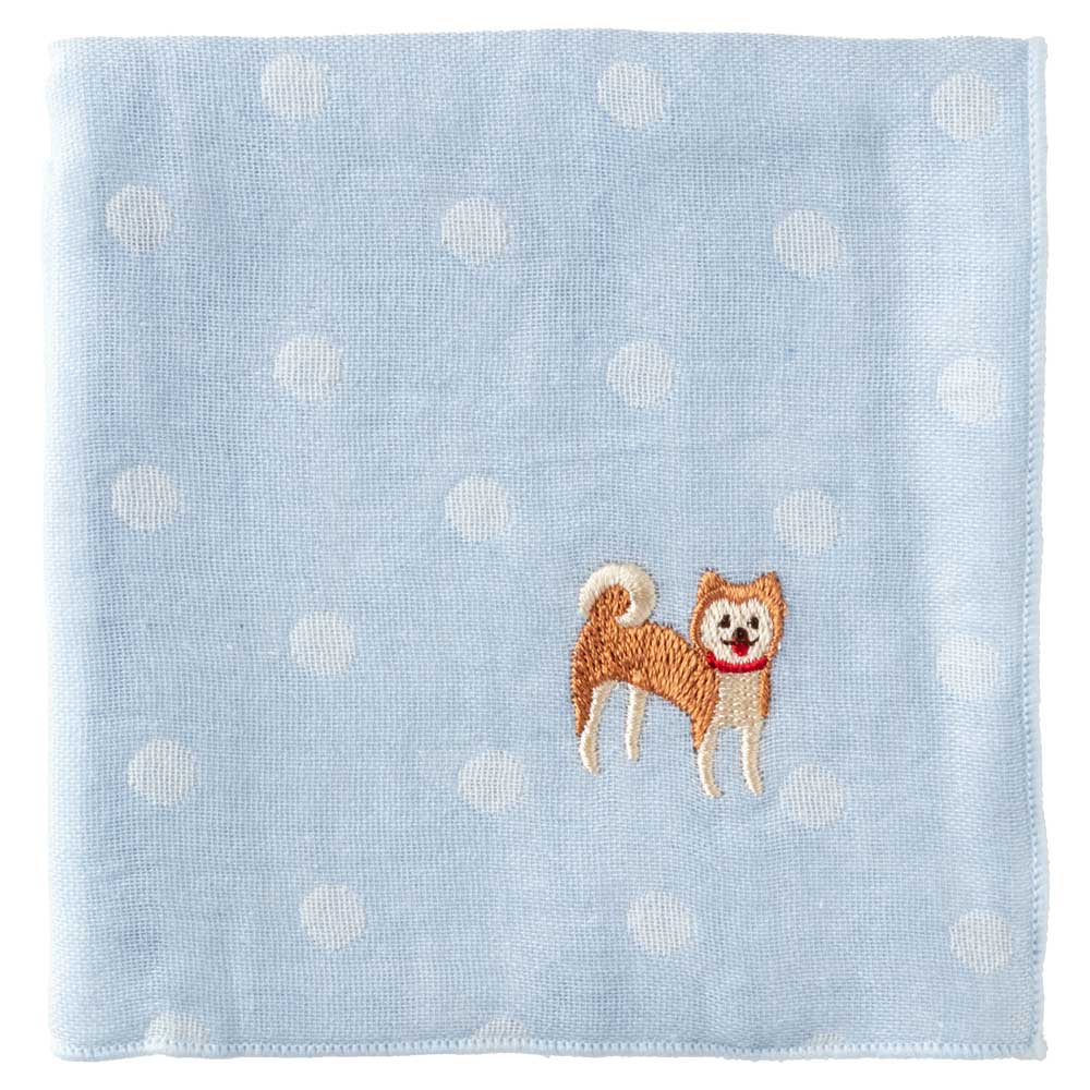 スーベニール わんこハンカチ 柴犬・水色（ドット模様） 刺繍入り
