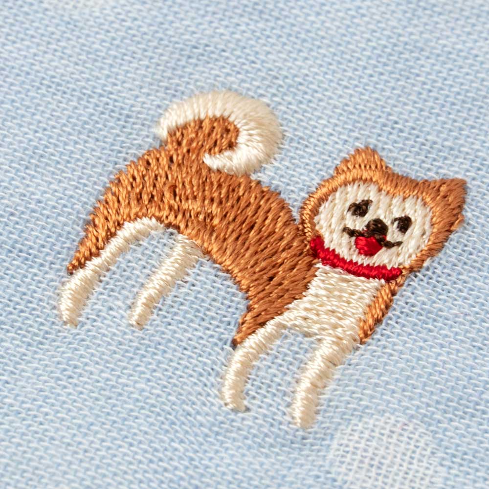 スーベニール わんこハンカチ 柴犬・水色（ドット模様） 刺繍入り