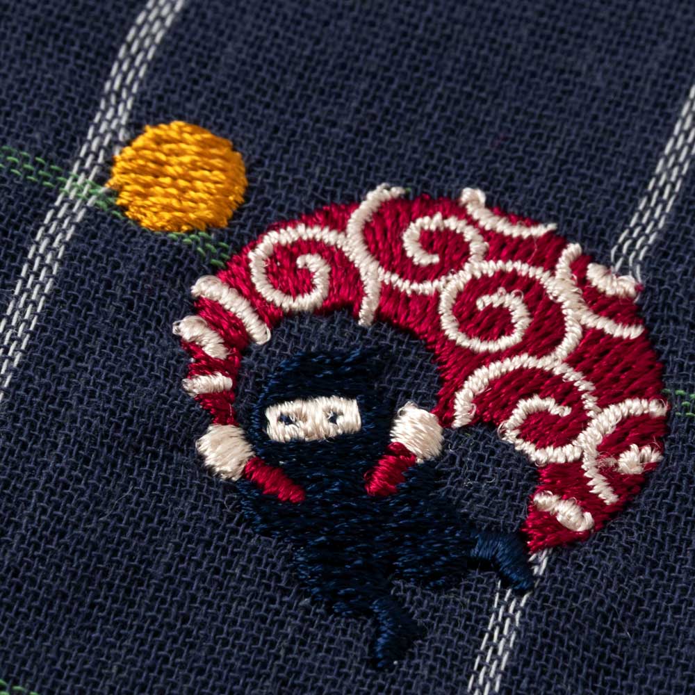 スーベニール 忍者ハンカチ むささびの術・紺（グリッド） 刺繍入り