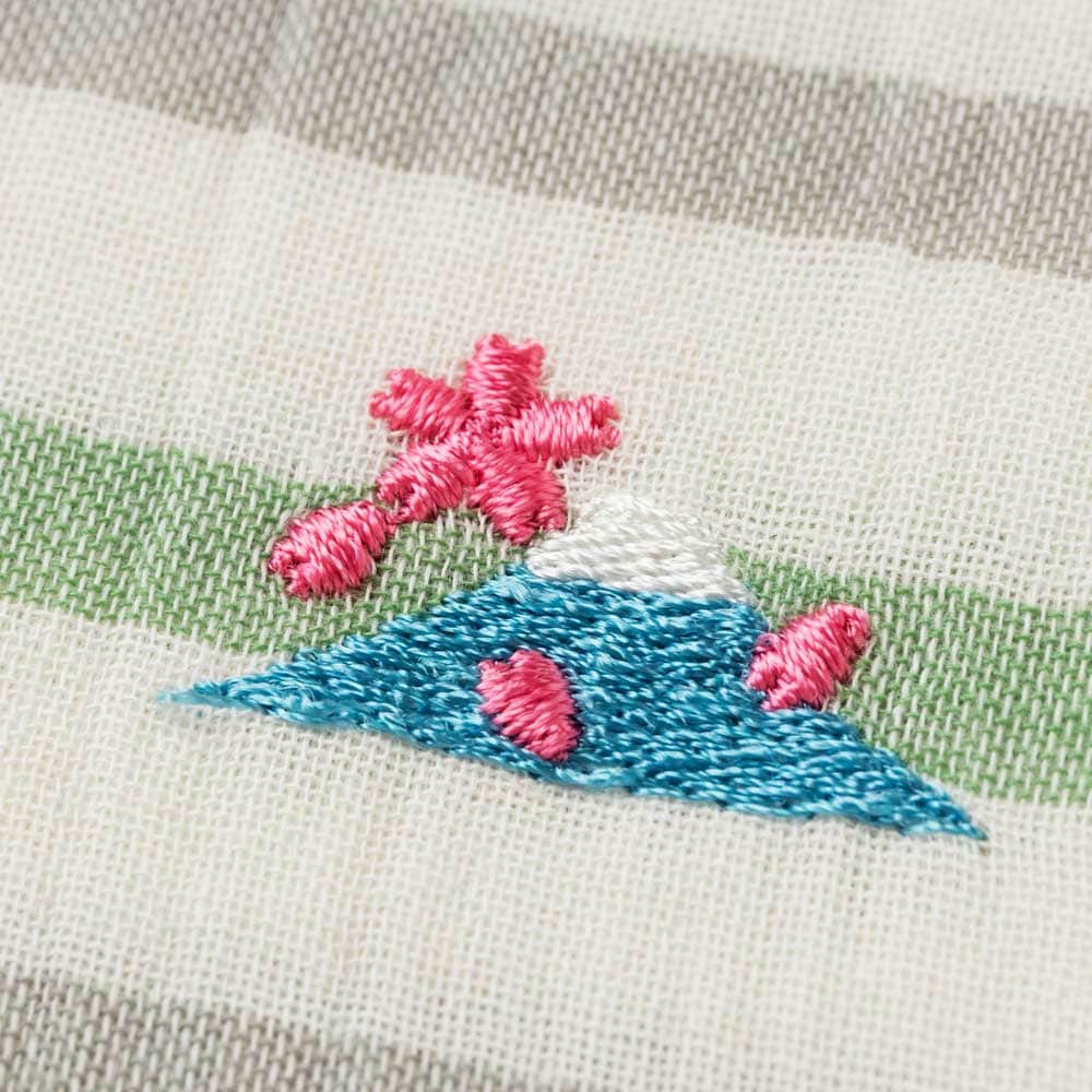スーベニール 富士山ハンカチ 桜（グリーンボーダー） 刺繍入りガーゼ