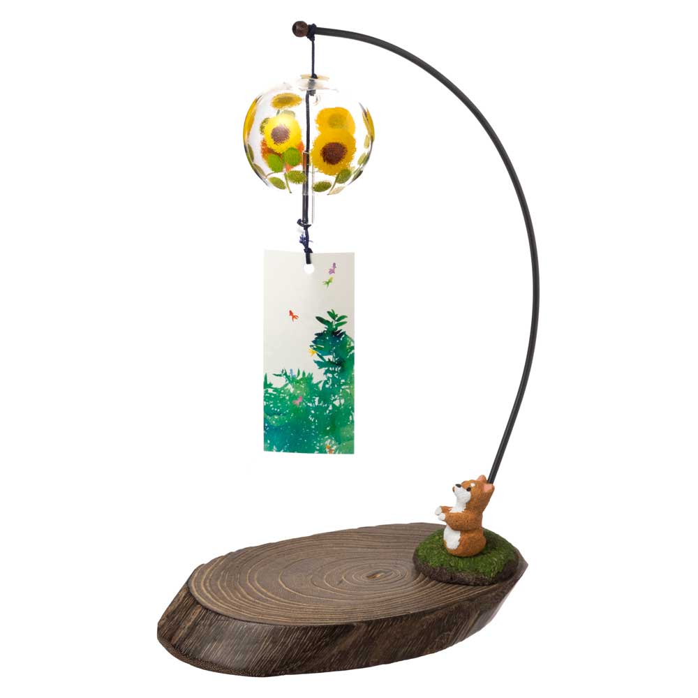 会津桐卓上風鈴・置き風鈴 ひまわりと柴犬 ガラス風鈴 蒔絵を施したハンドクラフト製 桐製の台と桐の粉人形 木之本 福島県の工芸品 ※在庫限り