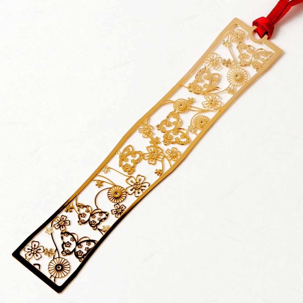 金の栞〈和柄ブックマーカー 花蝶々〉WAG002|24K表面加工、花と蝶を精密エッチングで描いた金属製ブックマーカー