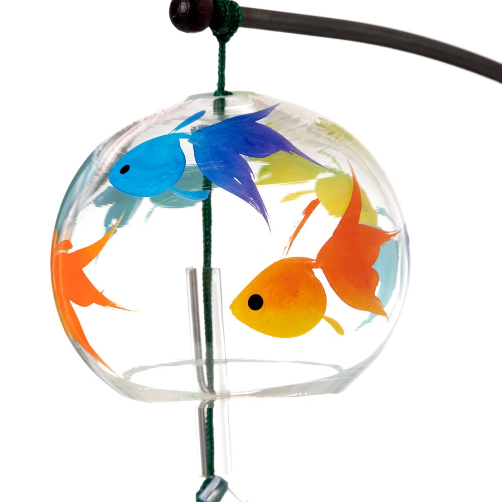 会津桐卓上風鈴・置き風鈴 いろいろ金魚と三毛猫 ガラス風鈴 木之本