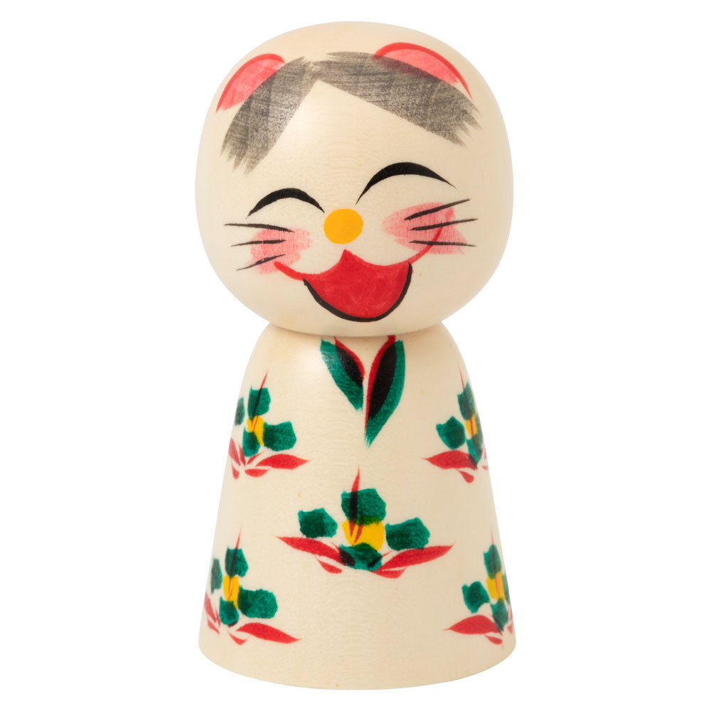 宮城伝統こけし　遠刈田系　ねここけし（口開き）3寸　作者：早坂政弘　宮城県の工芸品　Kokeshi  Miyagi craft