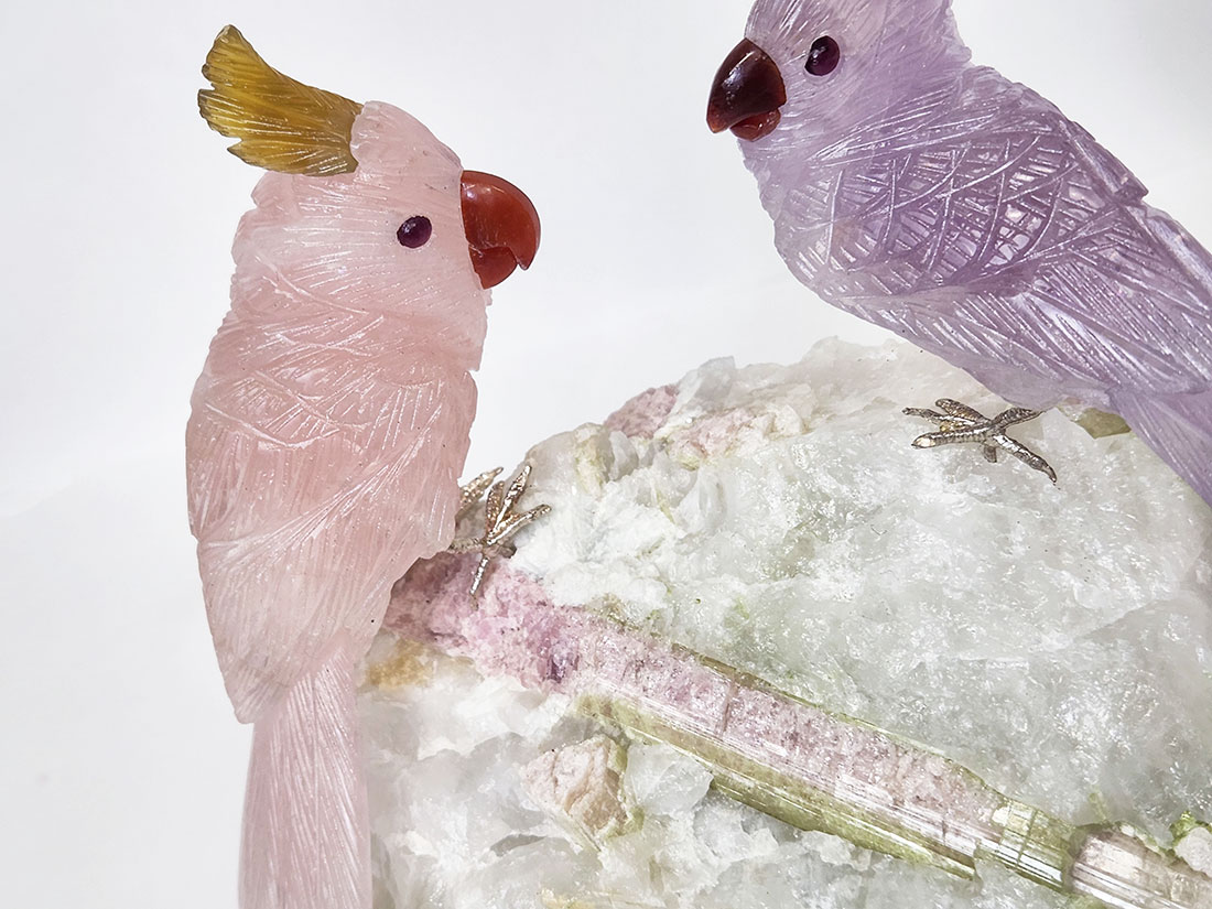 天然石 オウム彫刻&ウォーターメロントルマリンwithクォーツ