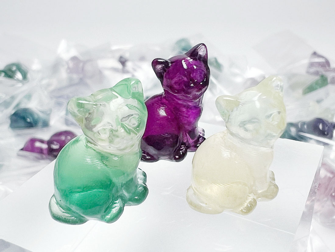フローライト アニマル彫刻 ミニねこ10匹セット アソート