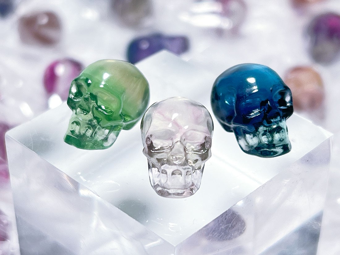 フローライト アニマル彫刻 ミニスカル 3個セット アソート