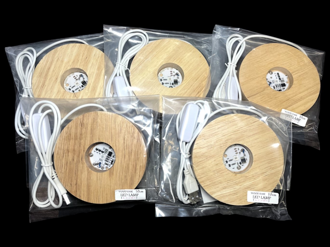 LEDライト付き木製台座Mサイズレインボー ５個セット アソート