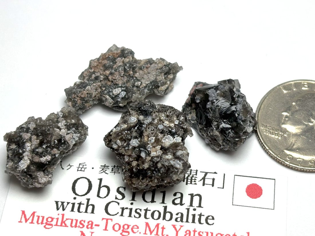 長野県産 黒曜石(クリストバライト共生)  4個セット / Obsidian & Cristobalite