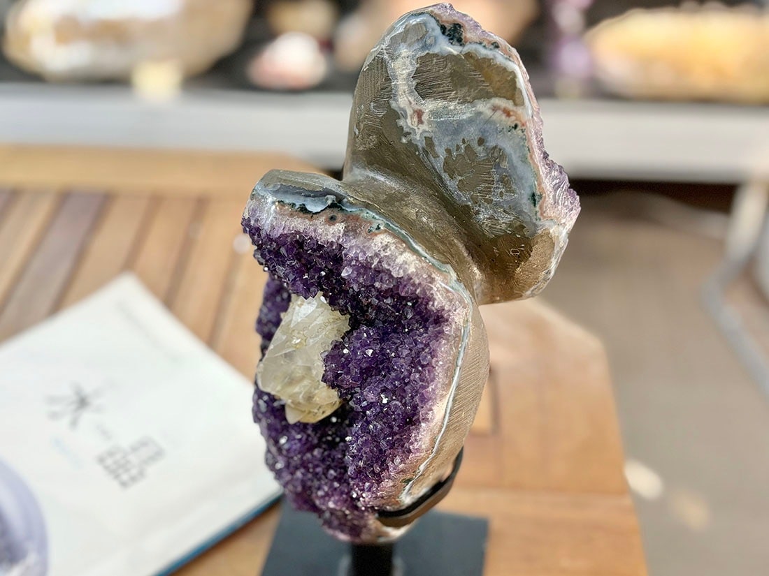 アメジスト　カルサイト付き　原石 ウルグアイ産 アメジスト カルサイト共生 (回転台座付き) / Amethyst