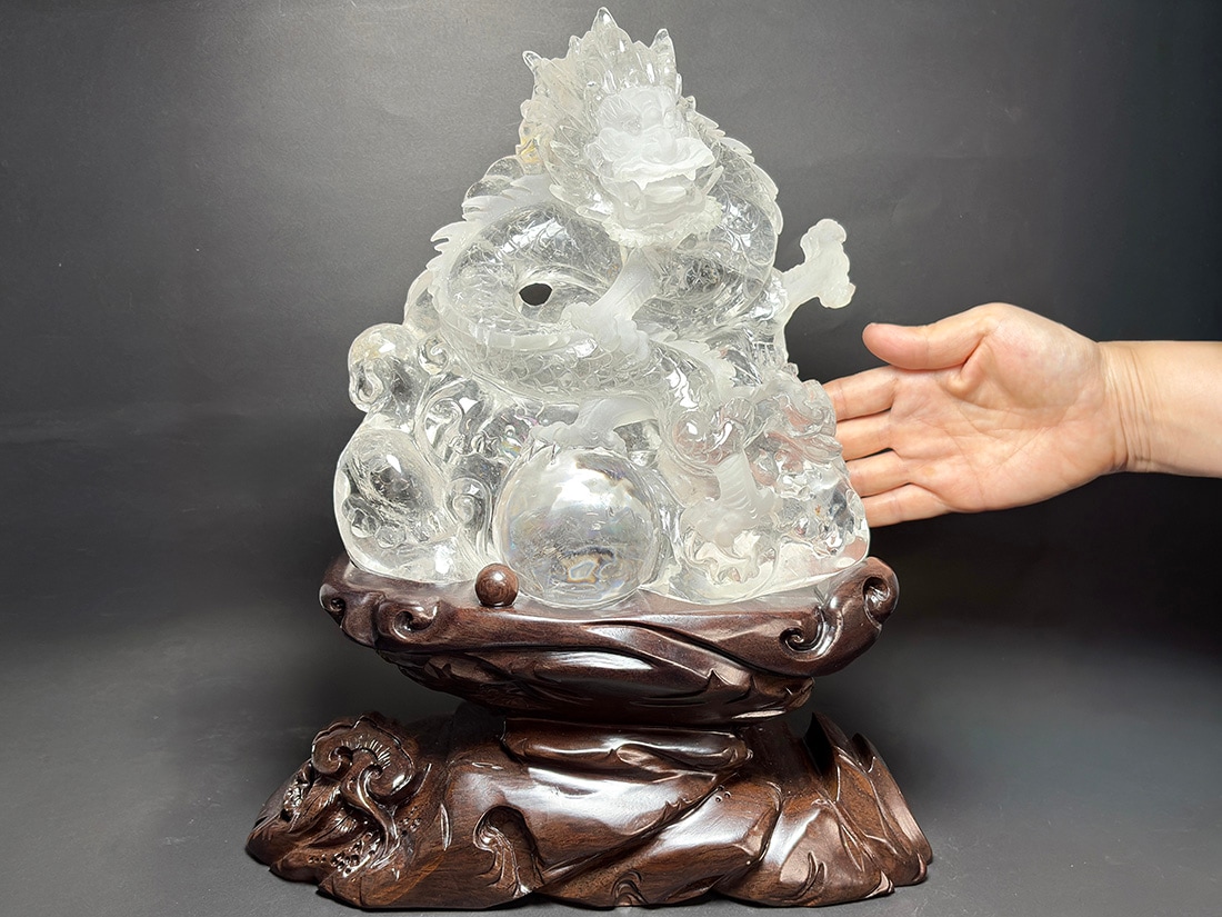 天然水晶立体彫刻龍 天然水晶立体彫刻龍 天然水晶(辰)龍彫刻（全高265mm・専用木製台座・専用