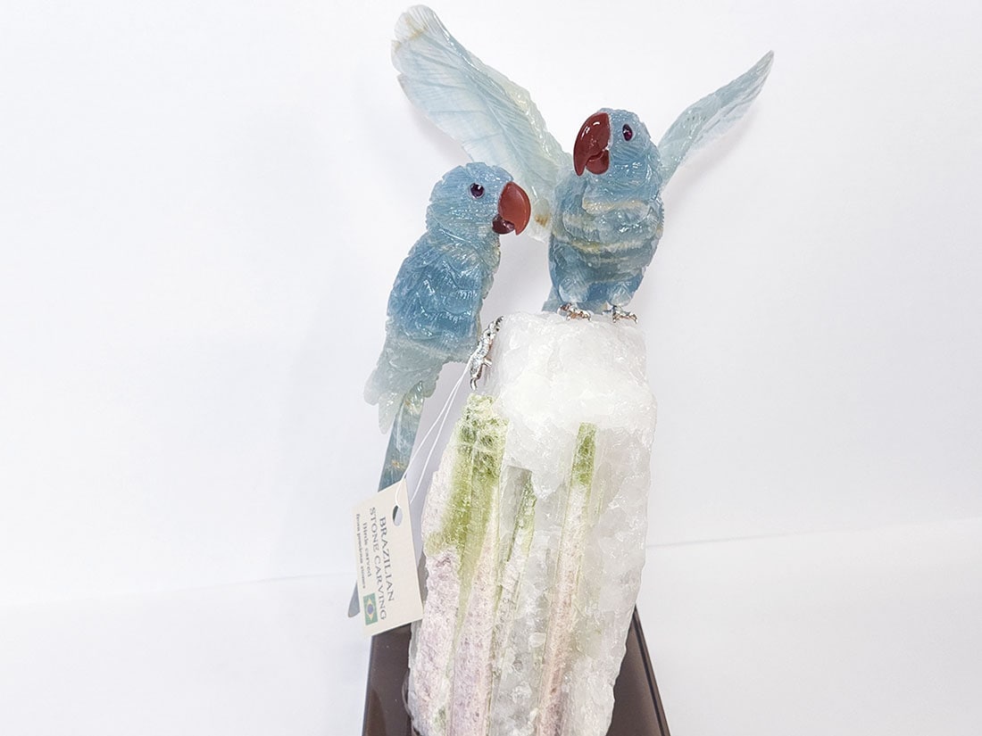 天然石 インコ彫刻&ウォーターメロントルマリンwithクォーツ