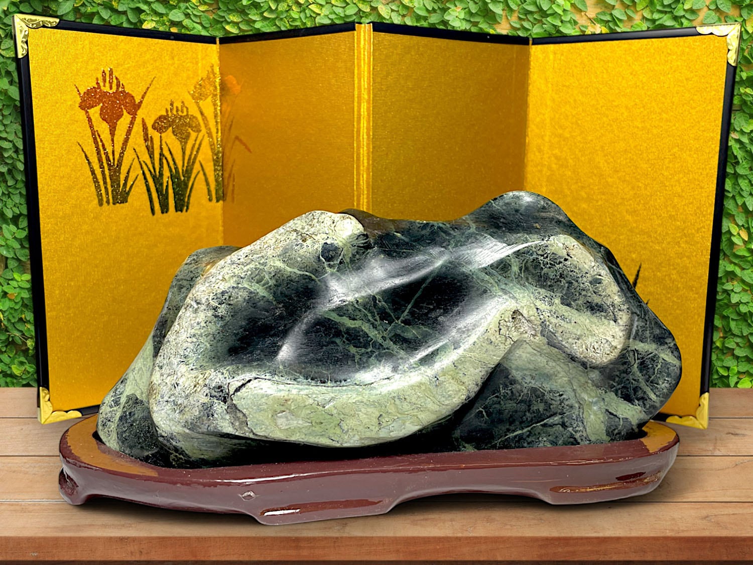 水石 天然石 約1.45kg 鑑賞石 自然石 木製専用台座付き 【公式通販】