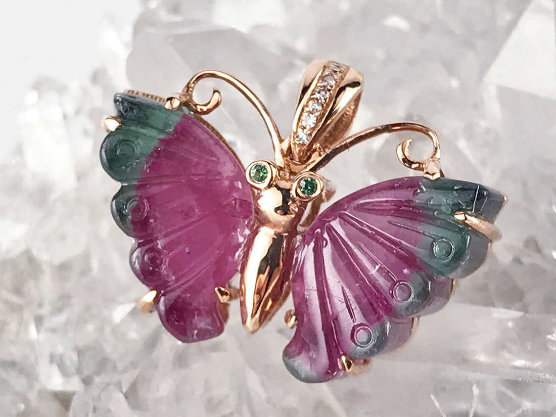 バイカラートルマリン 蝶型ペンダントトップ(K18)