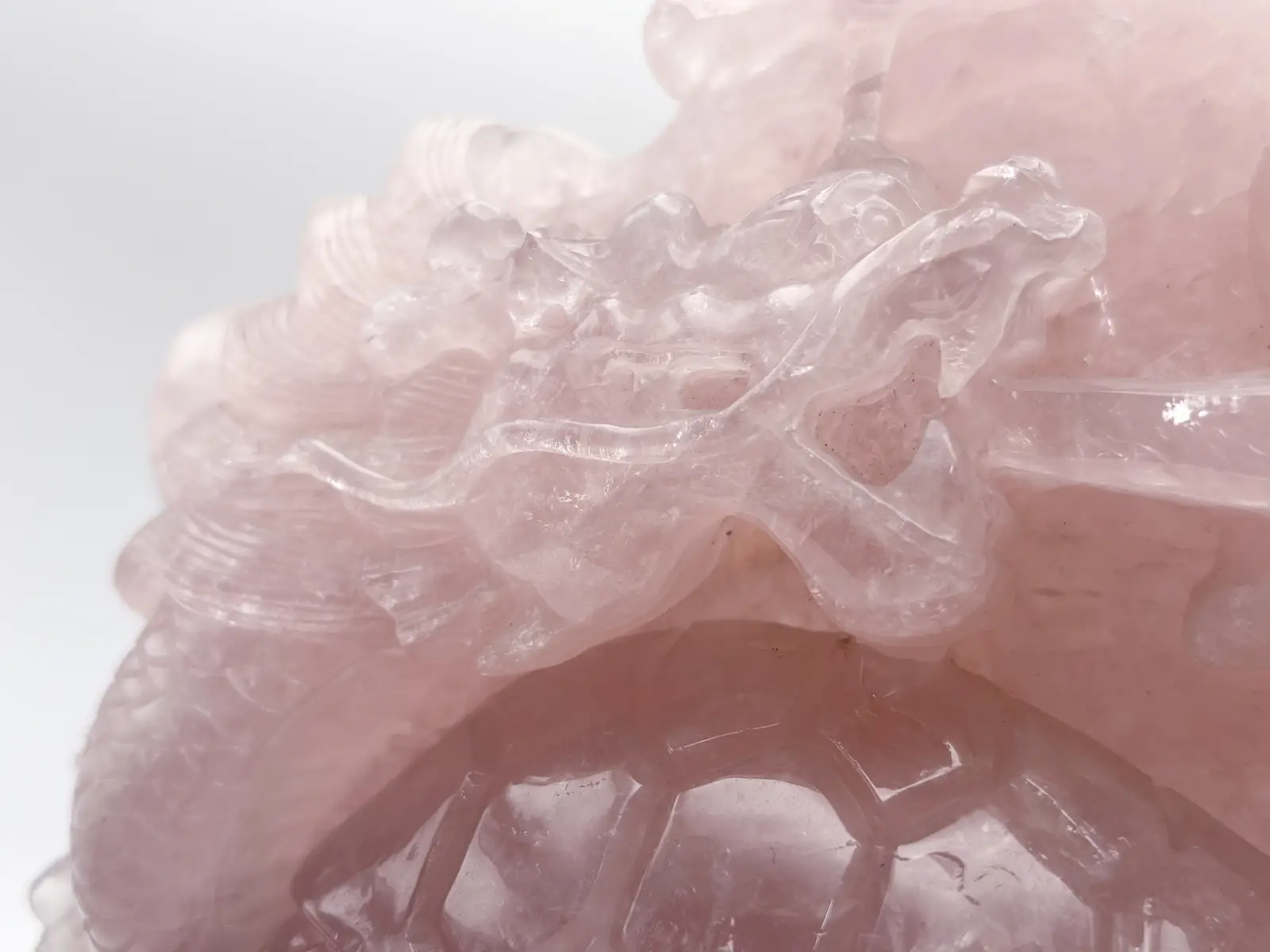 ローズクォーツ 鶴と龍亀（ロングイ）彫刻 (木製台座付き)/ Rose Quartz