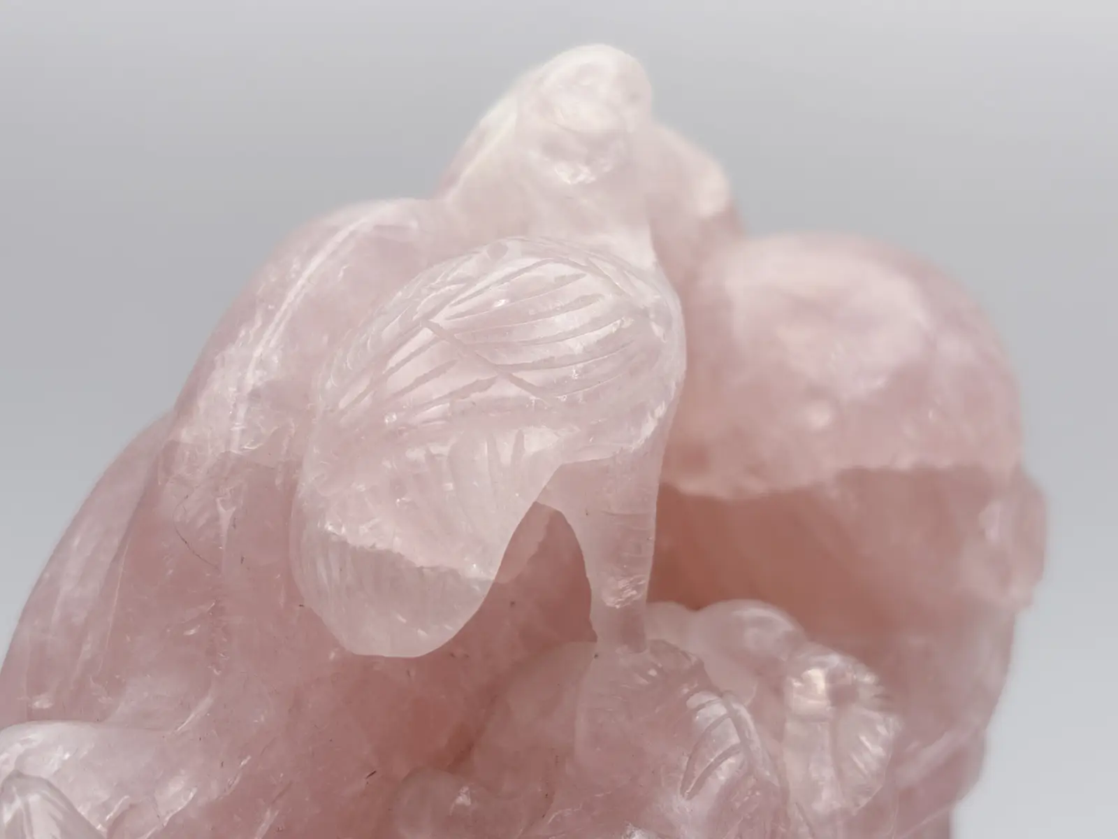 ローズクォーツ 鶴と龍亀（ロングイ）彫刻 (木製台座付き)/ Rose Quartz