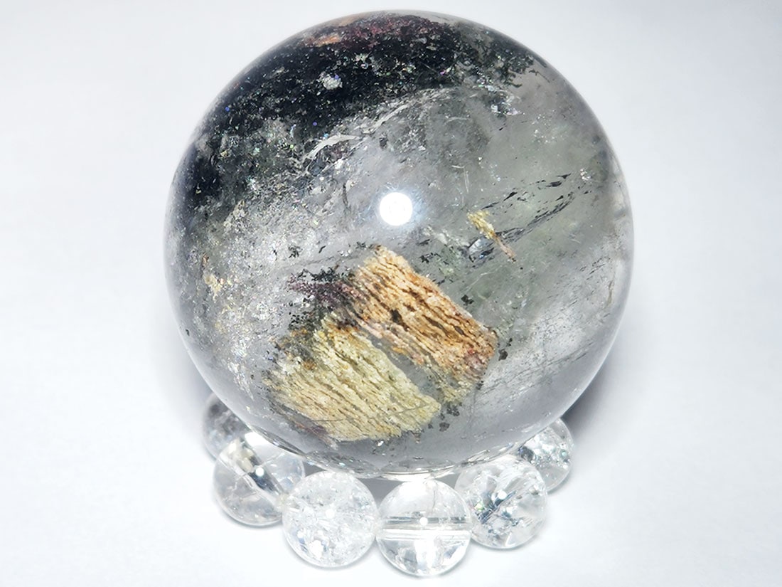 パイライトインガーデンクォーツ スフィア 庭園水晶 パワーストーン 浄化 幸運 レア パイライト\u0026オレンジガーデンクォーツ共生 スフィア 虹あり