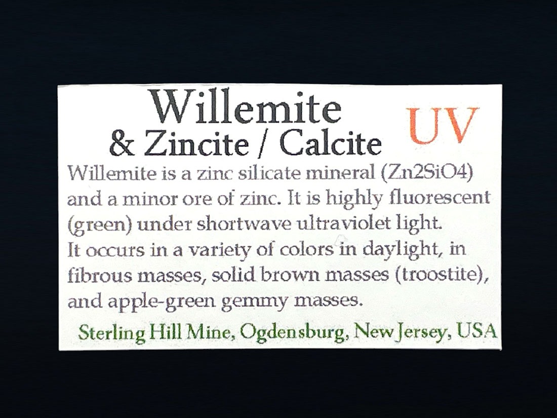 (蛍光) ニュージャージー州産 ウィレマイト with ジンカイト ・ カルサイト / Willemite with Zincite Calcite