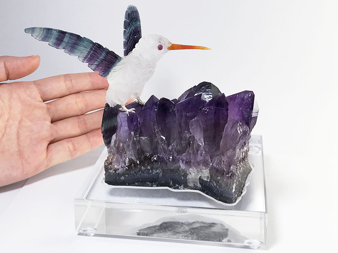 天然石 ハチドリ彫刻&アメジスト