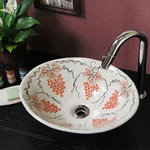 小判型紅ぶどう絵手洗い鉢【小型サイズ】信楽焼き手洗器！陶器の手水鉢