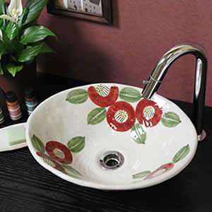 椿絵小判型手洗い鉢【小型サイズ】信楽焼き手洗器！陶器の手水鉢［tr