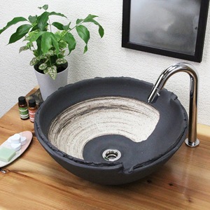 黒ハケメ破れ手洗い鉢【中型サイズ】信楽焼き手洗器！陶器の手水鉢［tr