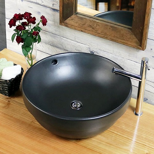 黒マット手洗い鉢 大型サイズ 陶器洗面ボウル ◇オーバーフロータイプ