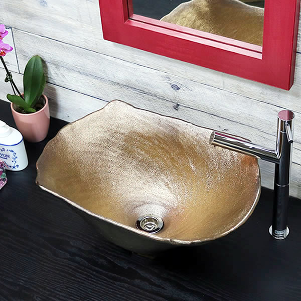 金彩 手洗い鉢【大型サイズ】 信楽焼き手洗器！陶器の手水鉢 長方形 角