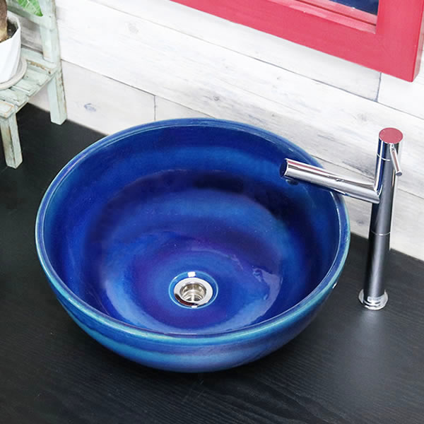 藍の色深型 手洗い鉢【中型サイズ】 信楽焼き手洗器 陶器の手水鉢 洗面