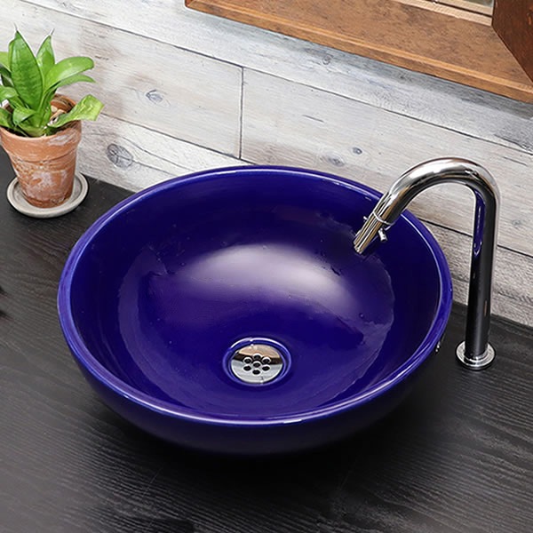 ルリ色 ボール型 手洗い鉢【中型サイズ】 信楽焼き手洗器 陶器の手水鉢