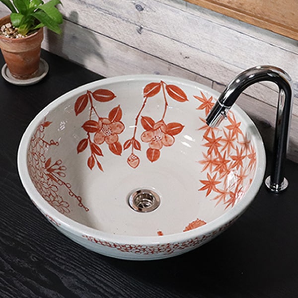 紅四季絵 信楽手洗い鉢【中型サイズ】 信楽焼き手洗器 陶器の手水鉢