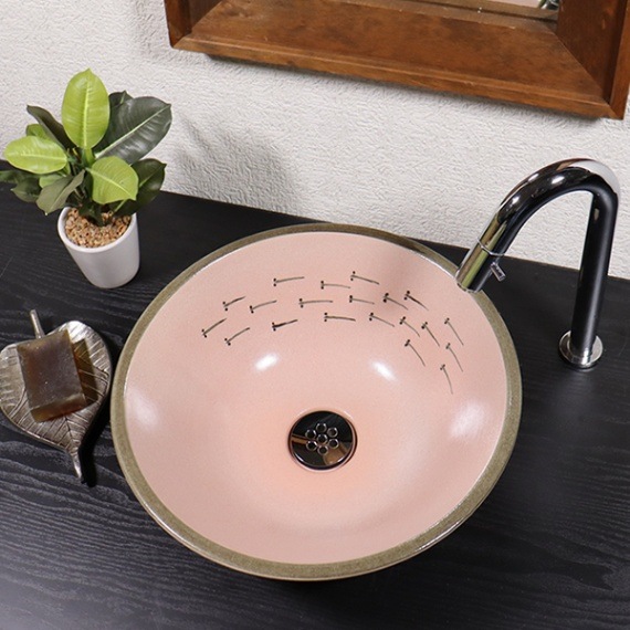 メダカ絵ソリ型千段手洗い鉢【小型サイズ】信楽焼き手洗器！陶器