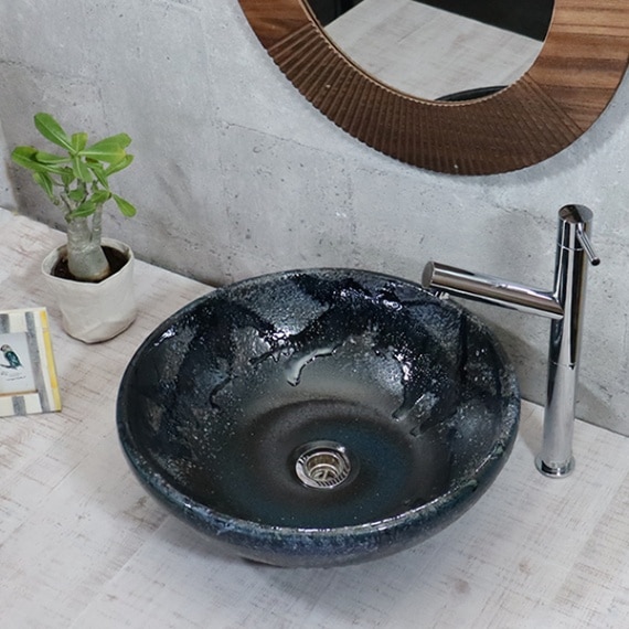 青窯変ビードロ浅型 手洗い鉢【中型サイズ】 信楽焼き手洗器 陶器の手