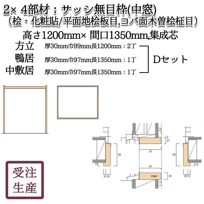 サッシ無目枠 中窓 1D セット(桧・化粧貼り/平面地桧板目,コバ面木曽桧