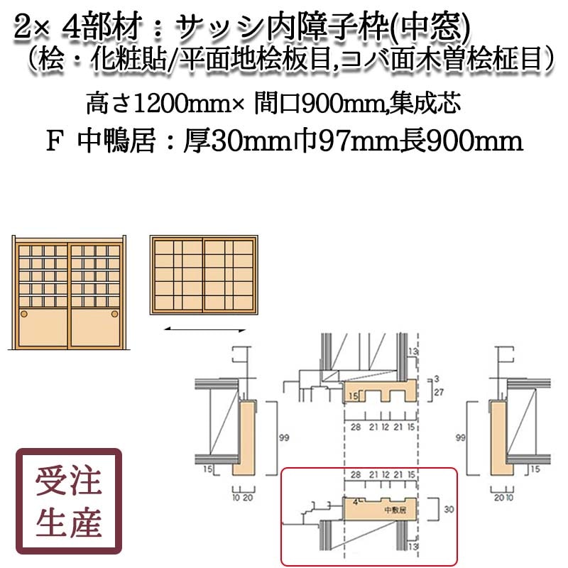 標準障子枠4枚と窓用障子枠2枚 サッシ内障子枠 中窓2F 中敷居(桧・化粧貼り/平面地桧板目,コバ面木曽