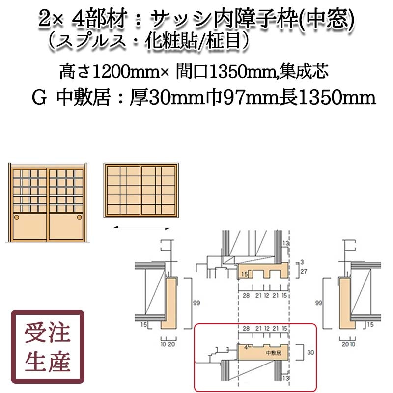 サッシ内障子枠 中窓2G 中敷居(スプルス・化粧貼り/柾目) 集成芯