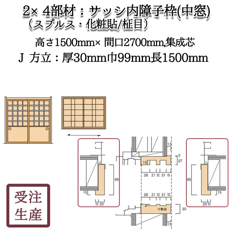 サッシ内障子枠 中窓2J 方立(スプルス・化粧貼り/柾目) 集成芯 サイズ