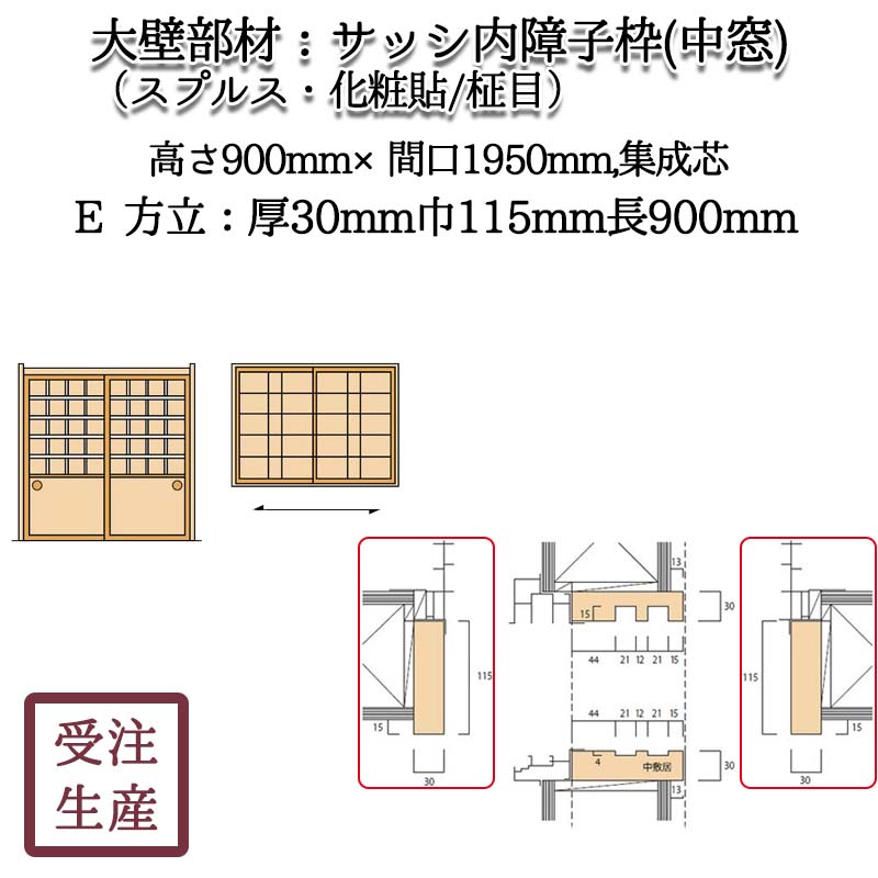 サッシ内障子枠 中窓2E 方立(スプルス・化粧貼り/柾目) 集成芯 サイズ：厚30巾115長900(mm) 重量：約2KG | 和室造作部材 ...