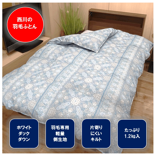 ¤Õ¤È¤ó¤ÎÀ¾Àî ¤¿¤Ã¤×¤ê1.2kgÆþ ±©ÌÓÉÛÃÄ(¥Ö¥ë¡¼)¥µ¥¤¥º:¥·¥ó¥°¥ë(150 ¡ß 210 cm)µÍ¤á¤â¤Î½ÅÎÌ:1.2kg¡ÚÁÈÀ®¡Û¤Õ¤È¤ó¤¬¤ï ¡Ý ¥Ý¥ê¥¨¥¹¥Æ¥ë:85% ÌÊ:15% µÍ¤á¤â¤Î ¡Ý ¥À¥¦¥ó:85% ¥Õ¥§¥¶¡¼:15% ÍÆÎÌ 1.2kgÆüËÜÀ½