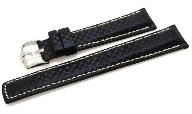 【ヒルシュ】 CARBON（カーボン ）100m耐水 ブラック 表カーボン型押（カーフ） 裏ラバー 時計ベルト