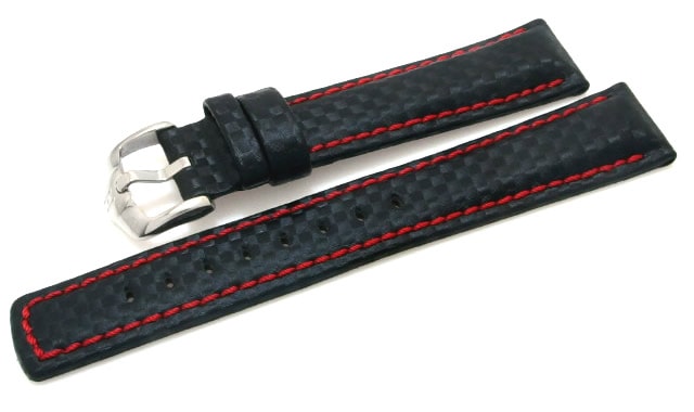 【ヒルシュ】 CARBON（カーボン ）100m耐水 ブラック×レッドステッチ 表カーボン型押（カーフ） 裏ラバー 時計ベルト